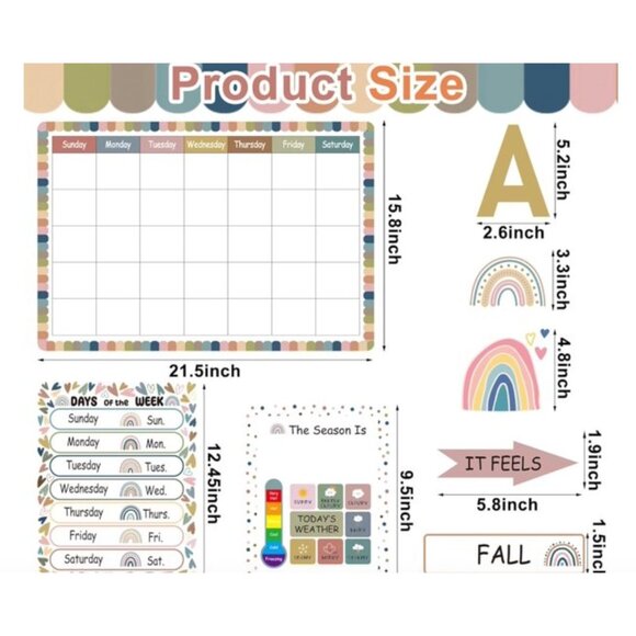 126 Pcs Boho Rainbow Calendar Bulletin Board Set with Seasons Festival Weather a - Picture 3 of 4